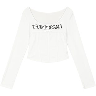 妖精的口袋白色U领字母修身长袖t恤女2026年早春新款短款内搭上衣