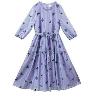 【6折】忆旧圆领连衣裙女2025夏季蝴蝶绣花长裙高腰系带九分袖裙