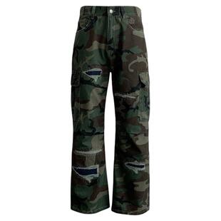 美式 复古军事迷彩破洞刺绣贴布宽松 重工多口袋工装裤男