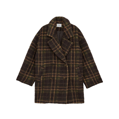 AMERI翻领格纹中长款大衣