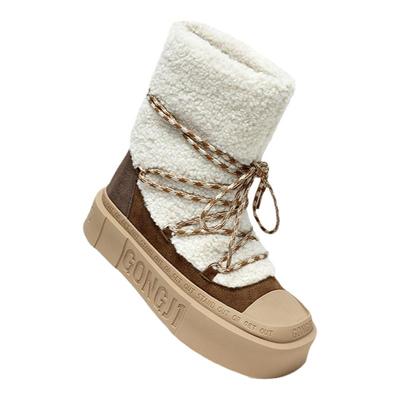 GONGJI厚底雪地靴女冬季外穿加绒加厚保暖棉鞋绑带靴子防滑毛毛靴