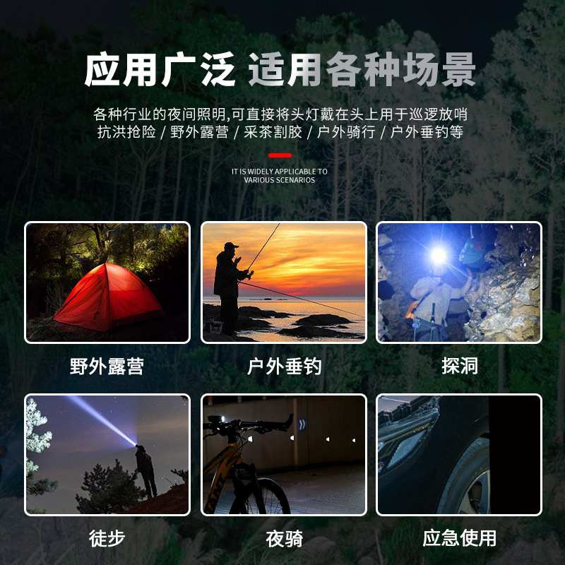 双电池强光头灯户外露营头灯续航头灯大功率头戴式照明防水长led