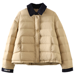 欧货时尚撞色翻领休闲显瘦小个子90%白鸭绒羽绒服女短款保暖外套