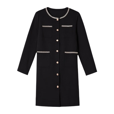 绮娑大码女装秋冬季新款气质黑色重工胖mm直筒小香风显瘦连衣裙女