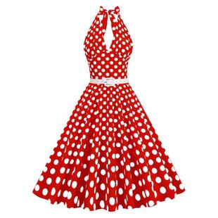 复古年代感港风V领挂脖波点连衣裙女神露背收腰舞蹈表演出大摆裙