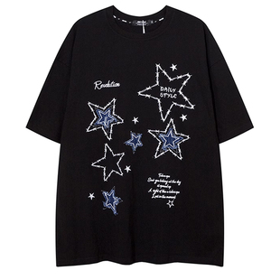 TRAVEL ISSUANCE 满天星斗 欧美原创刺绣五角星宽松圆领短袖T恤