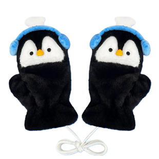 可爱企鹅半指翻盖手套女冬加厚保暖学生写字骑车儿童冬季防寒露指