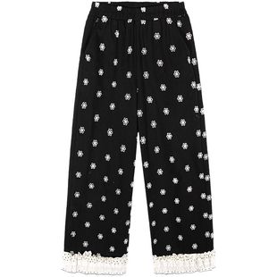 今屿花花 女裤子2025新款黑色松紧腰刺绣设计感休闲裤花边碎花裤