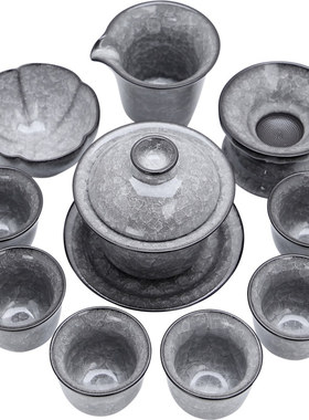 冰裂纹遇水化冰茶具套装黑冰青瓷