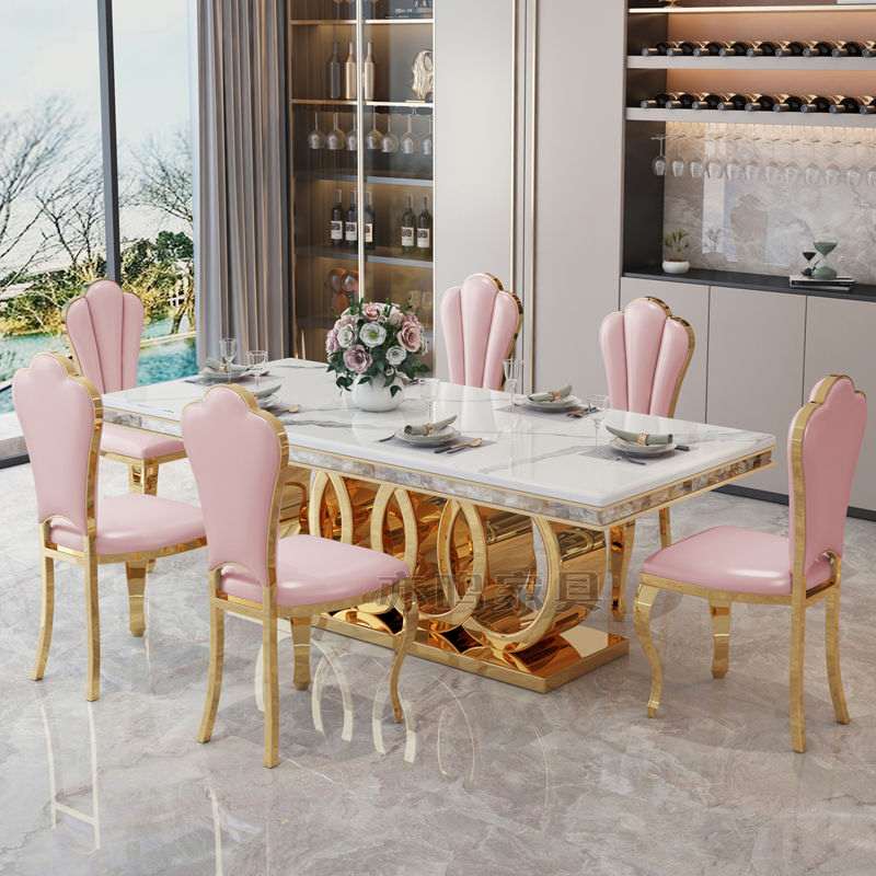 轻奢美式餐桌大小户型不锈钢餐桌椅组合家用饭桌6 人大理石方桌