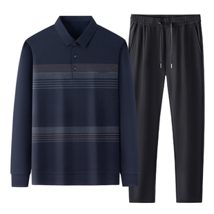 新款爸爸春装套装中年男士长袖t恤裤子两件套中老年男款春季衣服