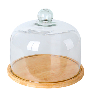切块蛋糕托盘旋转透明玻璃罩切件点心盘蛋糕盘带盖木质甜品展示盘