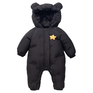 婴儿羽绒服冬季保暖外出服男宝女宝加厚加绒黑色防风白鸭绒连体衣