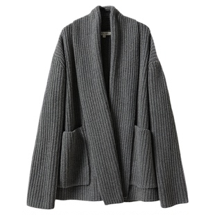 WZK06108茉莉雅集 KVSS全羊绒千克重围巾领无扣坑条针织开衫毛衣