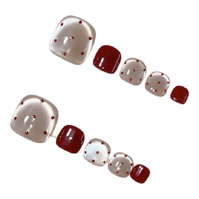 红色波点显白脚趾甲手工美甲贴片