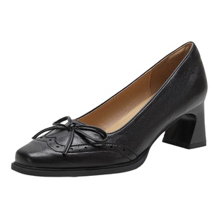 羊皮版~法式黑色单鞋女浅口粗跟蝴蝶结绝美不累脚高跟鞋大码女鞋