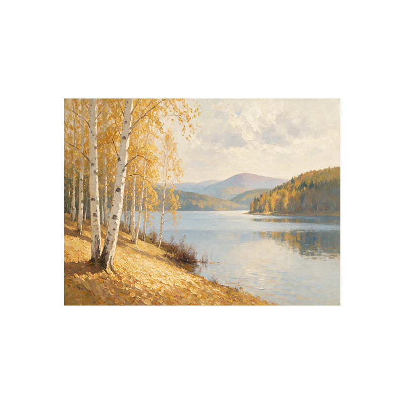 纯手绘金秋白桦湖景油画客厅挂画