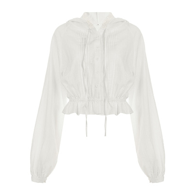 WEEKEEP 少女风白色木耳边拼接风琴褶连帽短外套百搭长袖排扣上衣