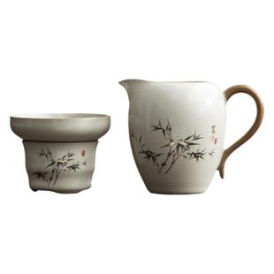 汝窑富竹公道杯过滤网三件套茶杯分茶器茶漏大号匀茶海陶瓷泡茶具