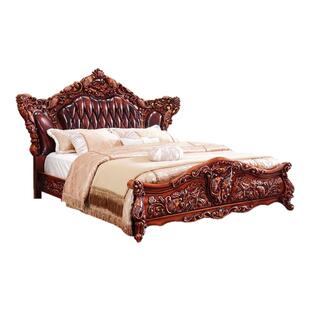 真皮1.8米复古别墅双人床实木主卧软包大床雕花美式奢华2米欧式床