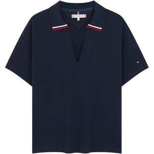 Tommy春夏女装莱赛尔微弹珠地网眼优雅镶边V领宽松短袖T恤POLO衫