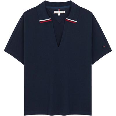 Tommy女装镶边V领宽松POLO衫