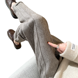 加绒咖色毛呢直筒裤女秋冬季高腰宽松显瘦小个子九分烟管休闲裤子