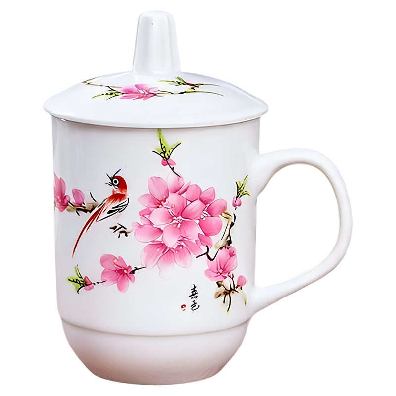 景德镇新款老式茶杯陶瓷水杯桃花办公会议杯家用待客爆款全瓷杯子