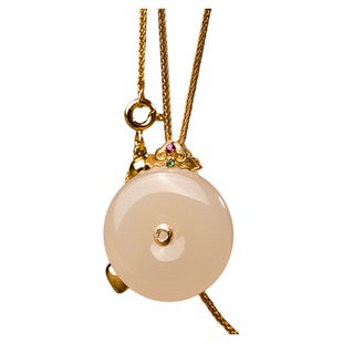 金玉良缘【露华浓】和田玉藕粉平安扣吊坠18K金扣头玉坠