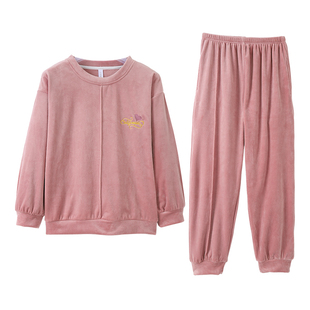 秋冬天珊瑚绒睡衣女款薄款套头春秋加绒海岛绒家居服保暖冬季套装