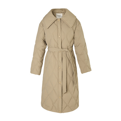 popchrio菱形格大翻领长款羽绒服