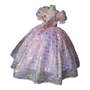 儿童礼服粉红色亮片公主裙女童新年闪亮主持走秀演出服