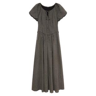 贰羊设计【慕兮】复古温柔黑格子连衣裙女收腰设计感气质短袖长裙