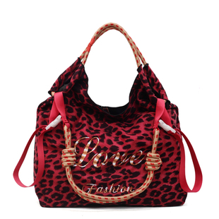 新款刺绣豹纹帆布包轻便手提购物环保袋大容量单肩斜挎通勤托特包