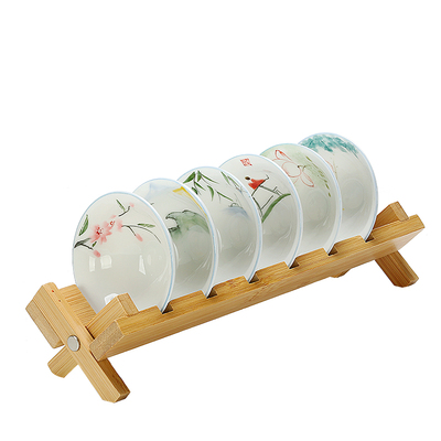 釉下彩手绘白瓷斗笠杯茶杯送杯架