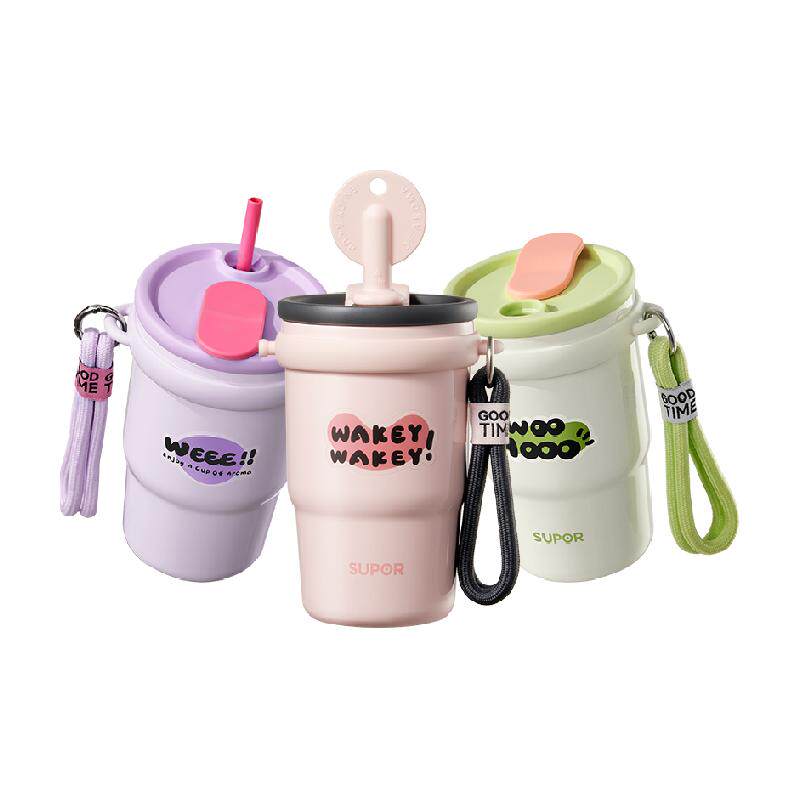 苏泊尔陶瓷内胆保温杯大容量水杯女生高颜值便携吸管咖啡杯保冷杯