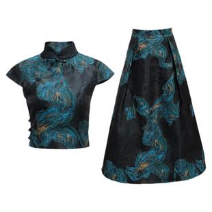 澄渔高定【凤鸾金麟】新中式真丝鎏金刺绣斜襟旗袍上衣半身裙套装