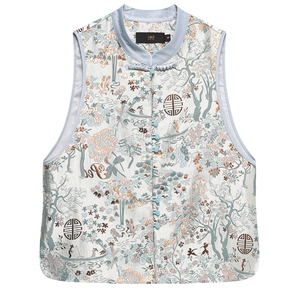 白鹿语国风新中式提花马夹春秋款质感撞色圆领盘扣无袖女式马甲