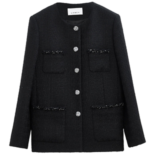 LANCY/朗姿2026春新款法式小香风粗花呢短外套女圆领钉珠黑色上衣