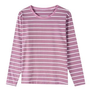 棉质条纹长袖t恤女春秋新款中老年妈妈装大码宽松遮肚打底衫上衣