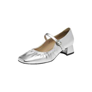 红蜻蜓银色高跟玛丽珍鞋春季新款女鞋方头褶皱单鞋法式气质小皮鞋