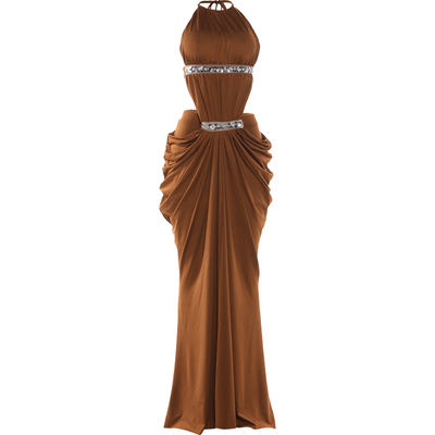 亮片褶皱时尚开叉露背挂脖连衣裙