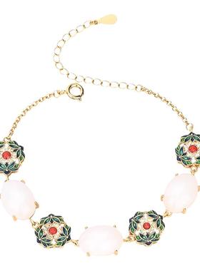 2025夏季国潮宫廷风古法镀金冷珐琅花簇镶仿和田玉设计感小众手链