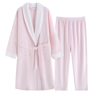 出口 冬季女款加厚加长保暖珊瑚绒法兰绒毛茸茸睡衣睡袍浴袍