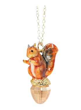 镀18K金手绘童话风珐琅可爱小松鼠镶嵌水晶宝石吊坠项链女锁骨链