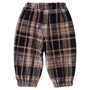 allolugh儿童棉裤2025春季加绒加厚束脚保暖复古洋气中小童格子裤