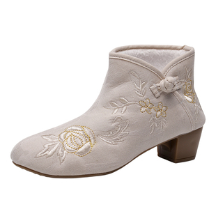 秋冬季老北京布鞋女配旗袍的鞋子复古中跟绣花短靴汉服古风茶服鞋