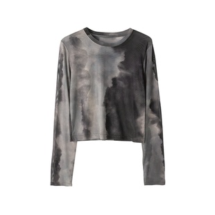 SIXI四喜家春夏 晕染网纱长袖T恤女透视防晒修身打底衫辣妹上衣