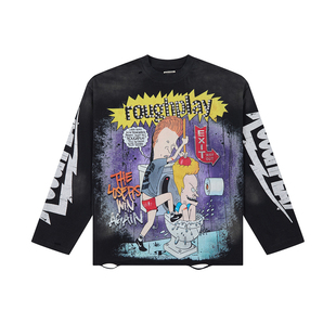 RoughPlay Long Sleeve美潮高街洗水做旧破洞烫钻宽松纯棉长袖T恤