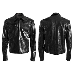 正肩油皮亮面力量感短款复古美式机车风皮衣水洗皮翻领休闲夹克男